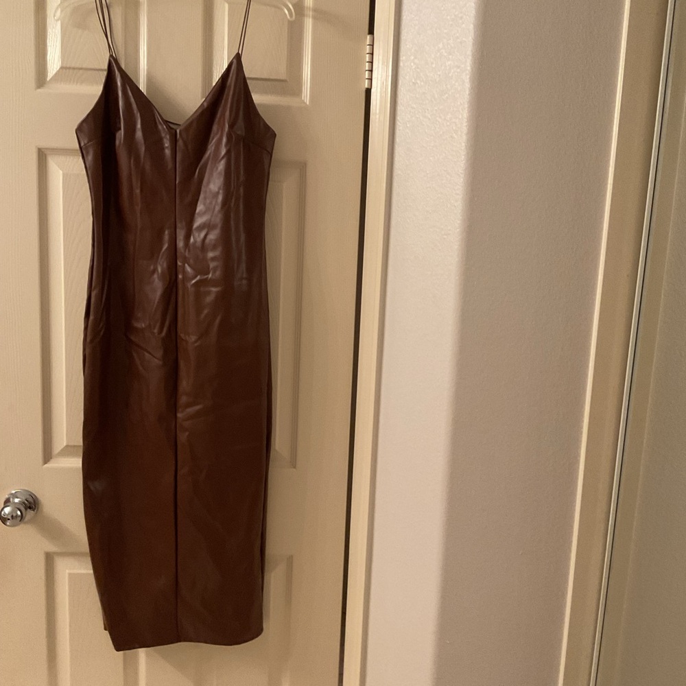 “NWOT” Brown Faux Leather Midi Dress